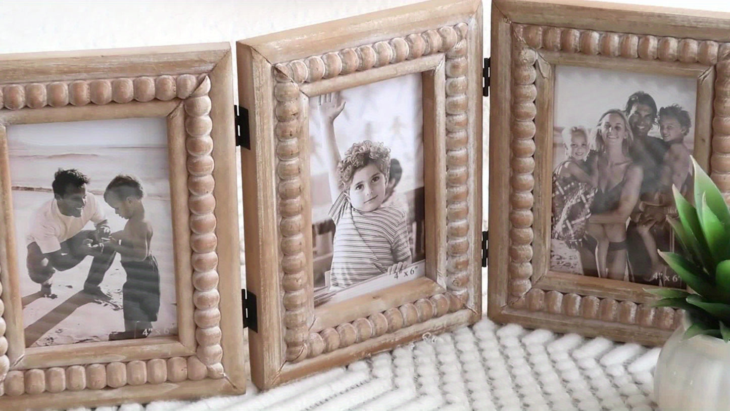Rustic Distressed 3-Photo Folding Collage Picture Frame with Wood Beads - 3-Panel Tabletop\u002FWall-Mountable Picture Frame Suitable for 4x6 Photos, Farmhouse Decor Gift for Family & Friends