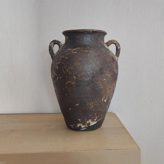 Handmade Vintage Terracotta Vase 10 Inch Tall - Rustic Farmhouse Pottery Vase with Jingdezhen Glaze, Heavy-Bottom for stability, Vintage Chinese Vase for home Decor, Mantel Centerpiece, Entryway (Black\u002F, Two-Handled Design)