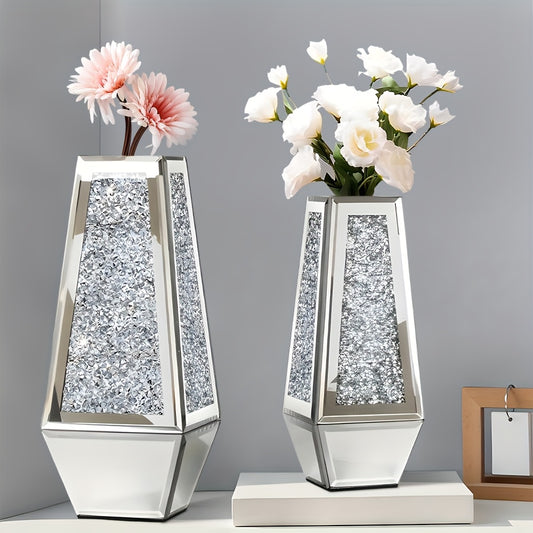Set of 2 Mirrored Vases with Crushed Diamond Design, Silver End, Perfect for Centerpieces, Sparkling Crystal Decorative Glass Vases, Ideal for Home Table Decor, Black Friday Deals, Thanksgiving Table Decorations for Dried Flower Arrangements