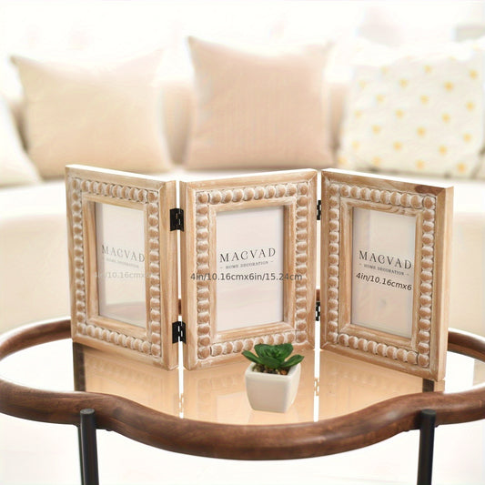 Rustic Distressed 3-Photo Folding Collage Picture Frame with Wood Beads - 3-Panel Tabletop\u002FWall-Mountable Picture Frame Suitable for 4x6 Photos, Farmhouse Decor Gift for Family & Friends