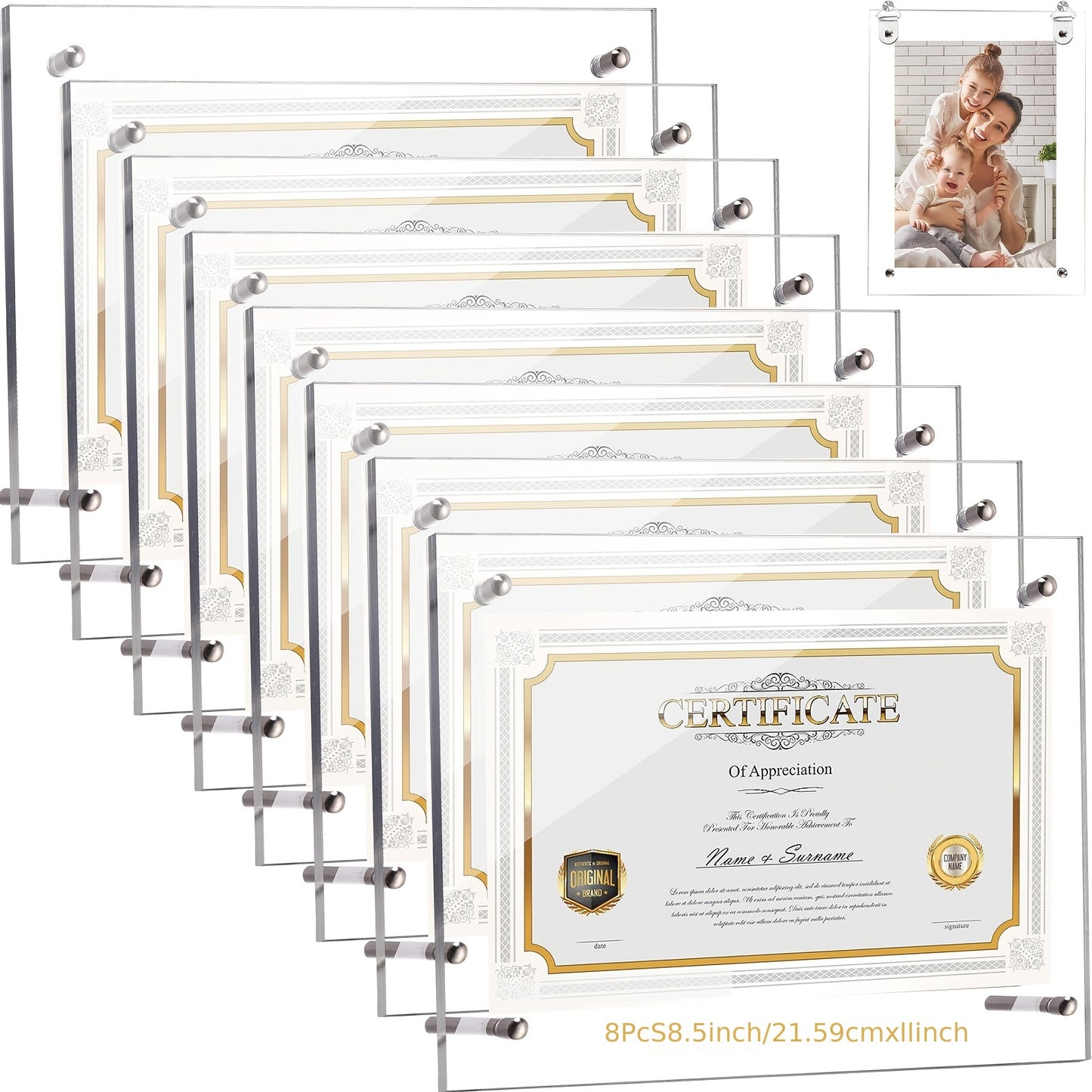 8pcs Acrylic Photo Frame Clear Floating Picture Frame Brackets 8.5 x 11 Inch Document Certificate A4 Poster Frame Tabletop or Hanging Wall Mount Display for Graduation Mother Father's Day Gift