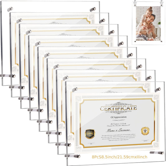 8pcs Acrylic Photo Frame Clear Floating Picture Frame Brackets 8.5 x 11 Inch Document Certificate A4 Poster Frame Tabletop or Hanging Wall Mount Display for Graduation Mother Father's Day Gift
