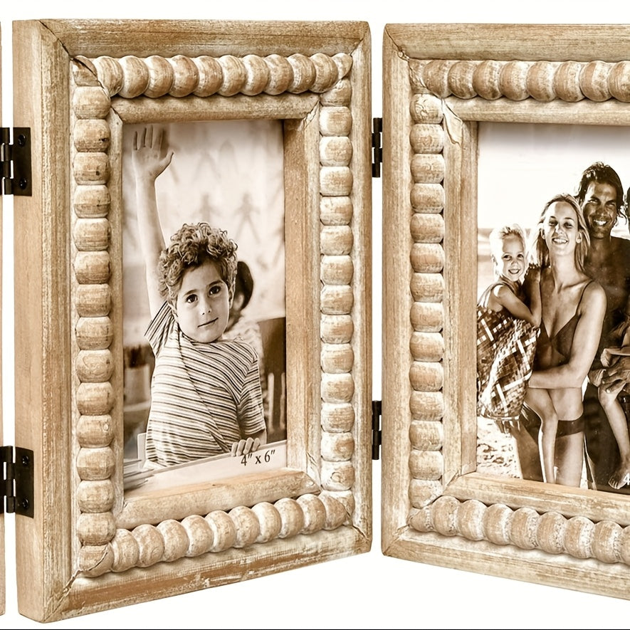 Rustic Distressed 3-Photo Folding Collage Picture Frame with Wood Beads - 3-Panel Tabletop\u002FWall-Mountable Picture Frame Suitable for 4x6 Photos, Farmhouse Decor Gift for Family & Friends