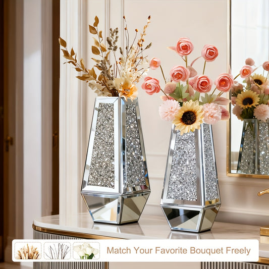 Set of 2 Mirrored Vases with Crushed Diamond Design, Silver End, Perfect for Centerpieces, Sparkling Crystal Decorative Glass Vases, Ideal for Home Table Decor, Black Friday Deals, Thanksgiving Table Decorations for Dried Flower Arrangements