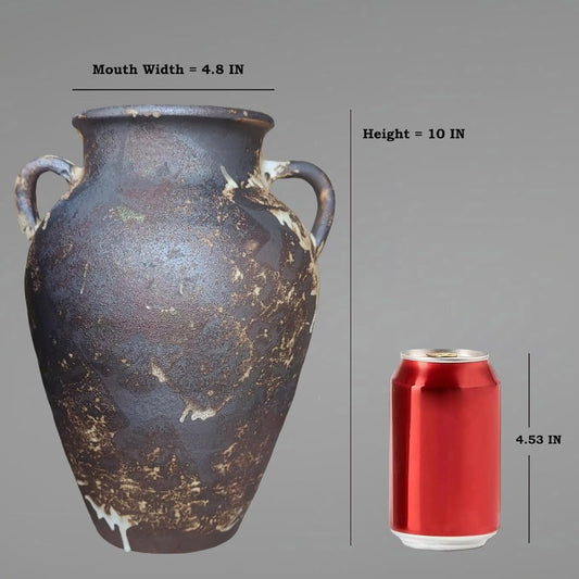 Handmade Vintage Terracotta Vase 10 Inch Tall - Rustic Farmhouse Pottery Vase with Jingdezhen Glaze, Heavy-Bottom for stability, Vintage Chinese Vase for home Decor, Mantel Centerpiece, Entryway (Black\u002F, Two-Handled Design)