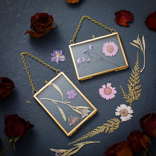 20pcs Clear Glass Pressed Flower Frames with Brass Double Glass Panels & Hanging Chains - Vertical\u002FHorizontal Wall-Mountable Photo Frames Suitable for Pressed Flower Art, Photos, Gallery Display - Classic Rectangular Picture Frames