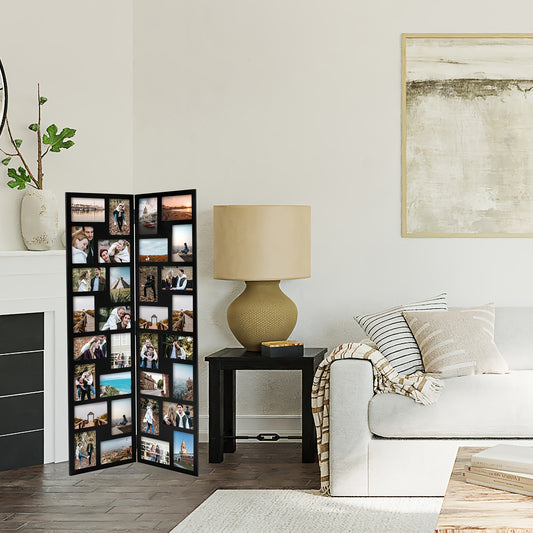 Vintage Black Acrylic Floor Standing Photo Collage Frame - 32 Openings for 4x6 Inch Photos, Hinged Folding Partition Screen Design, Wall-Mounted Home Decor for Living Room, Office, Events